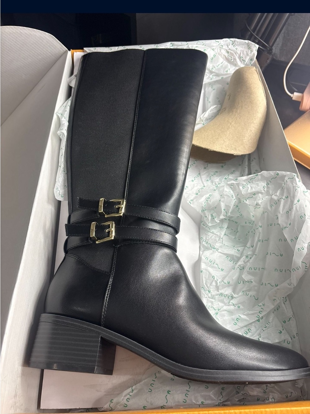 Unisa Black Knee-High Buckle Boots with Gold Hardware